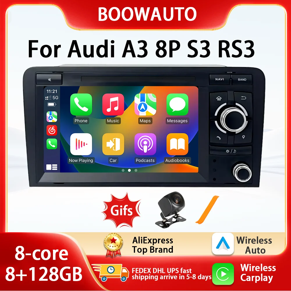 7 Inch Car Radio Wireless CarPlay auto for Audi A3 S3 8P RS3 Sportback Car mounted video player GPS Navigation Android 14 Screen
