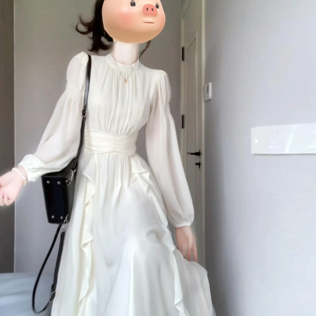 

2024 New Autumn French Style Long Sleeves Pleated Waist High-end Advanced Elegant Temperature Niche Dresses for Women