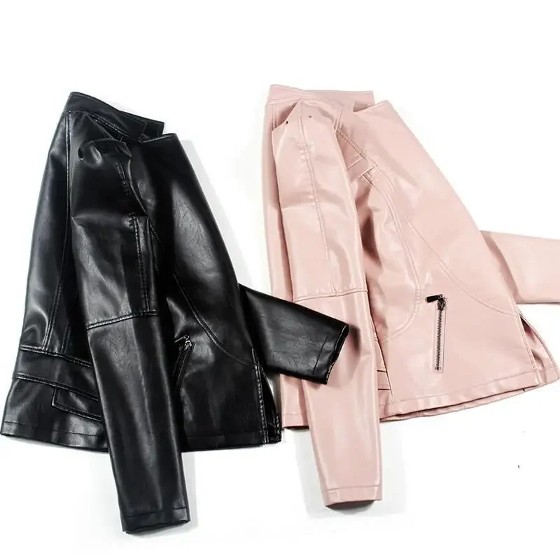 New women biker jackets 2020 spring autumn slim long sleeved zipper moto style black coats ladies  faux leather jackets