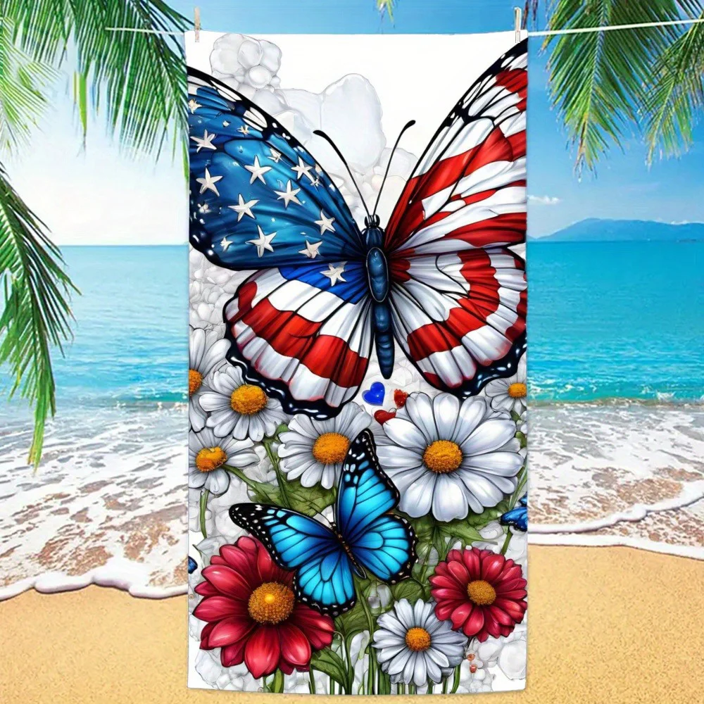 

Patriotic American Flag Butterfly Floral Print Microfiber Super Absorbent Quick Dry Beach Towel Pool Camping Travel Outdoor