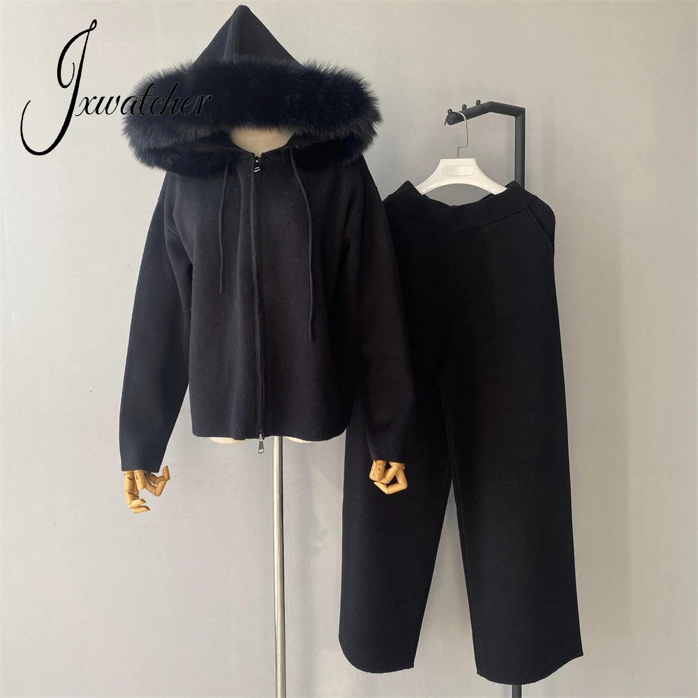 Jxwatcher Cardigan for Women Fall Fashion Sweater Set with Real Fur Collar Ladies Spring Knitted Hooded Coat and Trousers Female