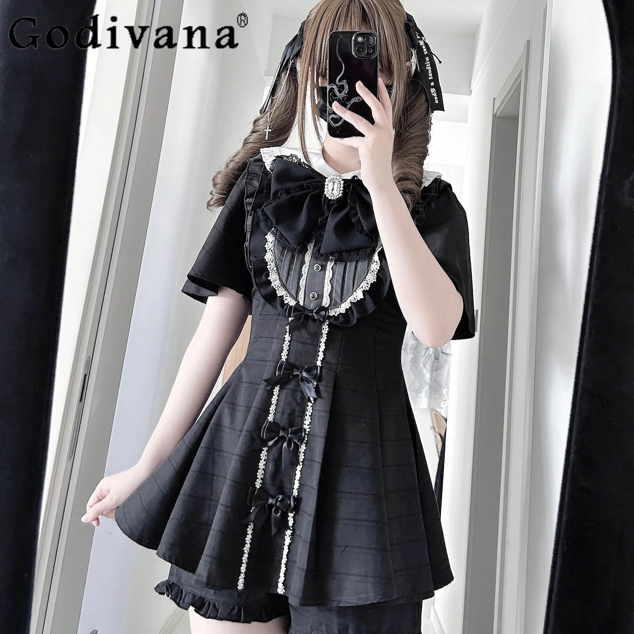 

Spring New Japanese Mine Cute Lace Bow Plaid Short Sleeve Top and Shorts 2 Piece Set Girl Women's Sweet Dress Set Lady Outfit