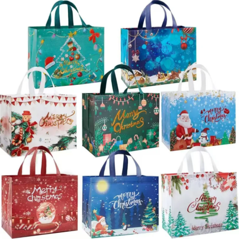 

10PCS Non-woven Christmas Snap Stamp Foil Packaging Bag DIY Candy Snack Cartoon Laminated Gift Shopping Pouches 12.8x6.7x9.8inch
