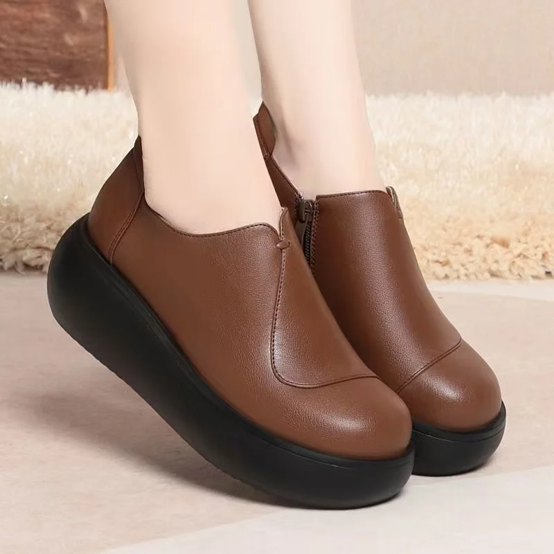 

Women Leather Low Top Wedges Shoes Spring Autumn New Thick Sole Non Slip Round Toe Slip On Lightweight Casual Nude Shoes