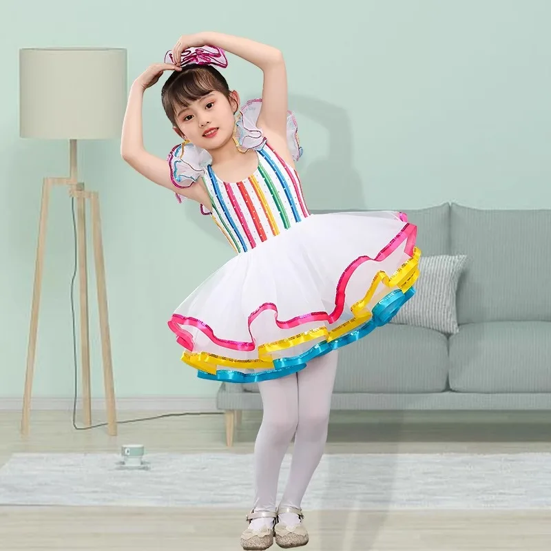 تنورة توتو ملونة جديدة للأطفال مطرزة أداء الرقص تنورة الأميرة الشاش بدلة أداء لطيفة