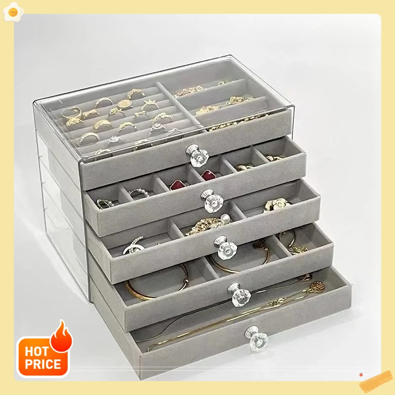 

New Large Capacity Jewelry Box - 5-Layer Exquisite Gray Drawer Type | Anti-Oxidation Design for Earrings, Ring Storage