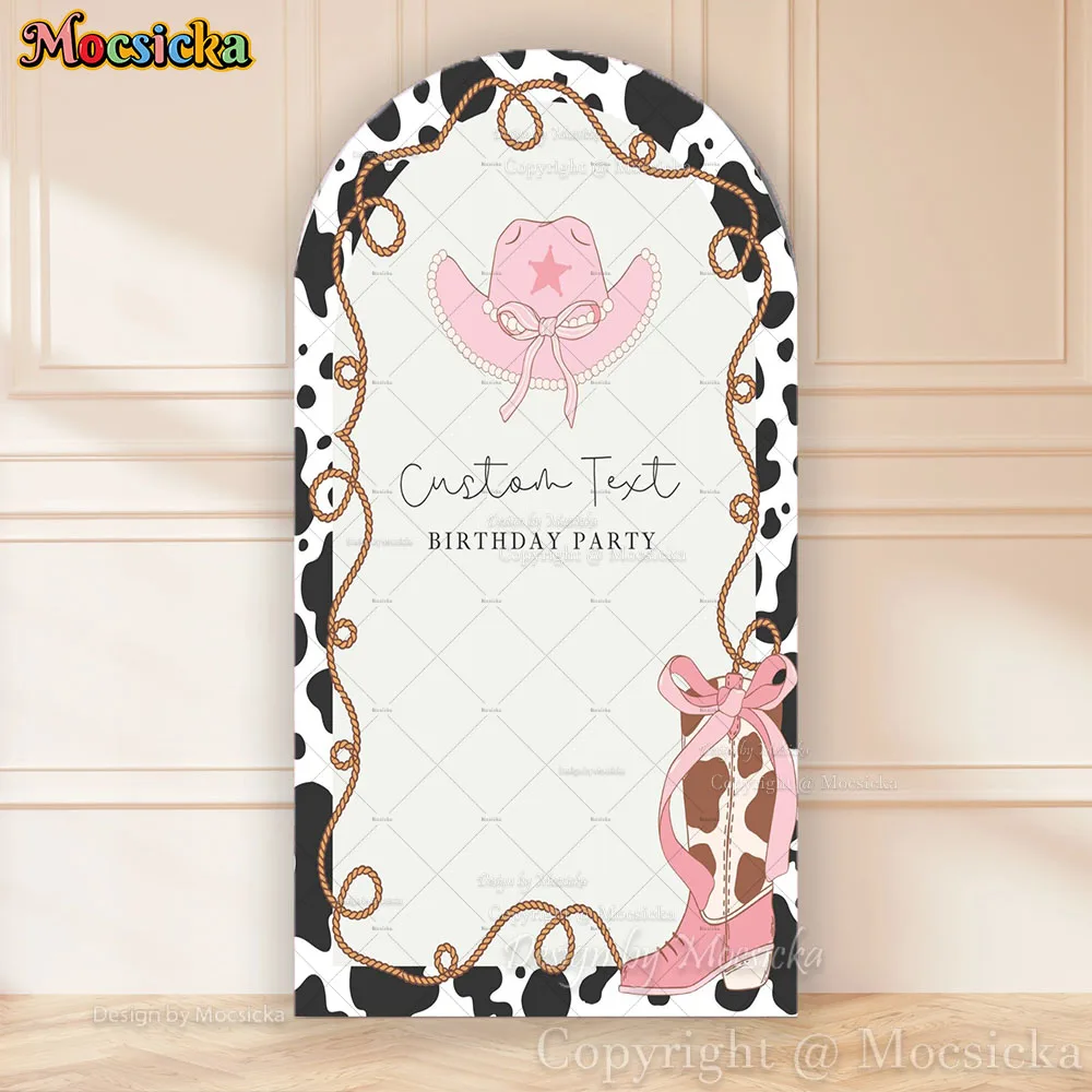 

Mocsicka Cowgirl на заказ день рождения арка фон крышка розовые сапоги шляпа фон с принтом коровы новорожденный детский душ фотосессия