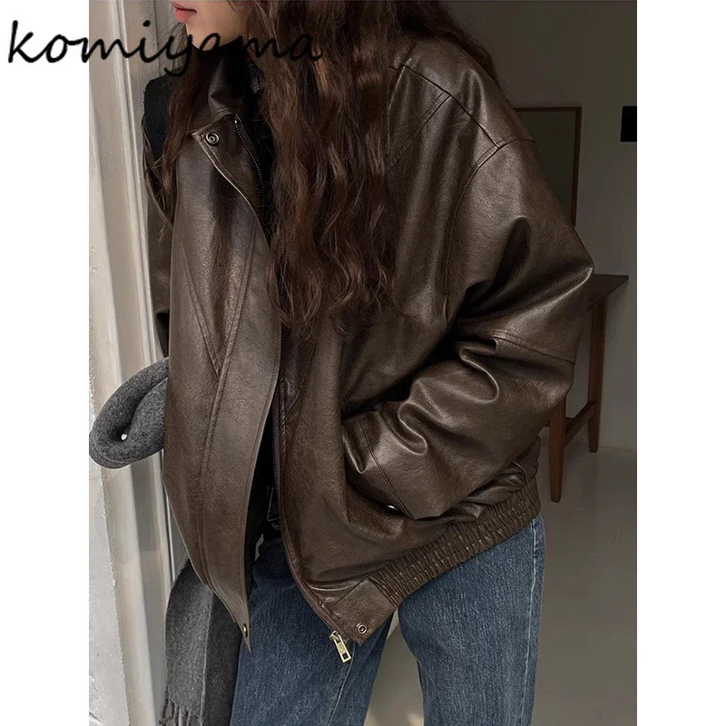 Pu Leather Women 2024 Outerwears Laple Neck Zipper Chaquetas Mujer Motorcycle Jacket Korean Loose Jackets All-match Ropa