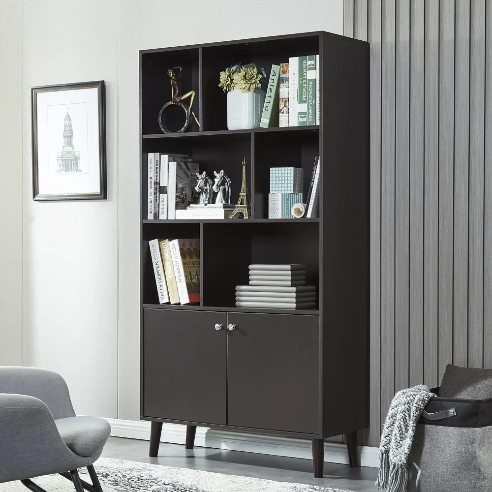 

Modern Bookcase with 2 Doors, Shelf Organizer for Display, Wooden Bookshelf Library with 6 Storage Cabinet for Home Office