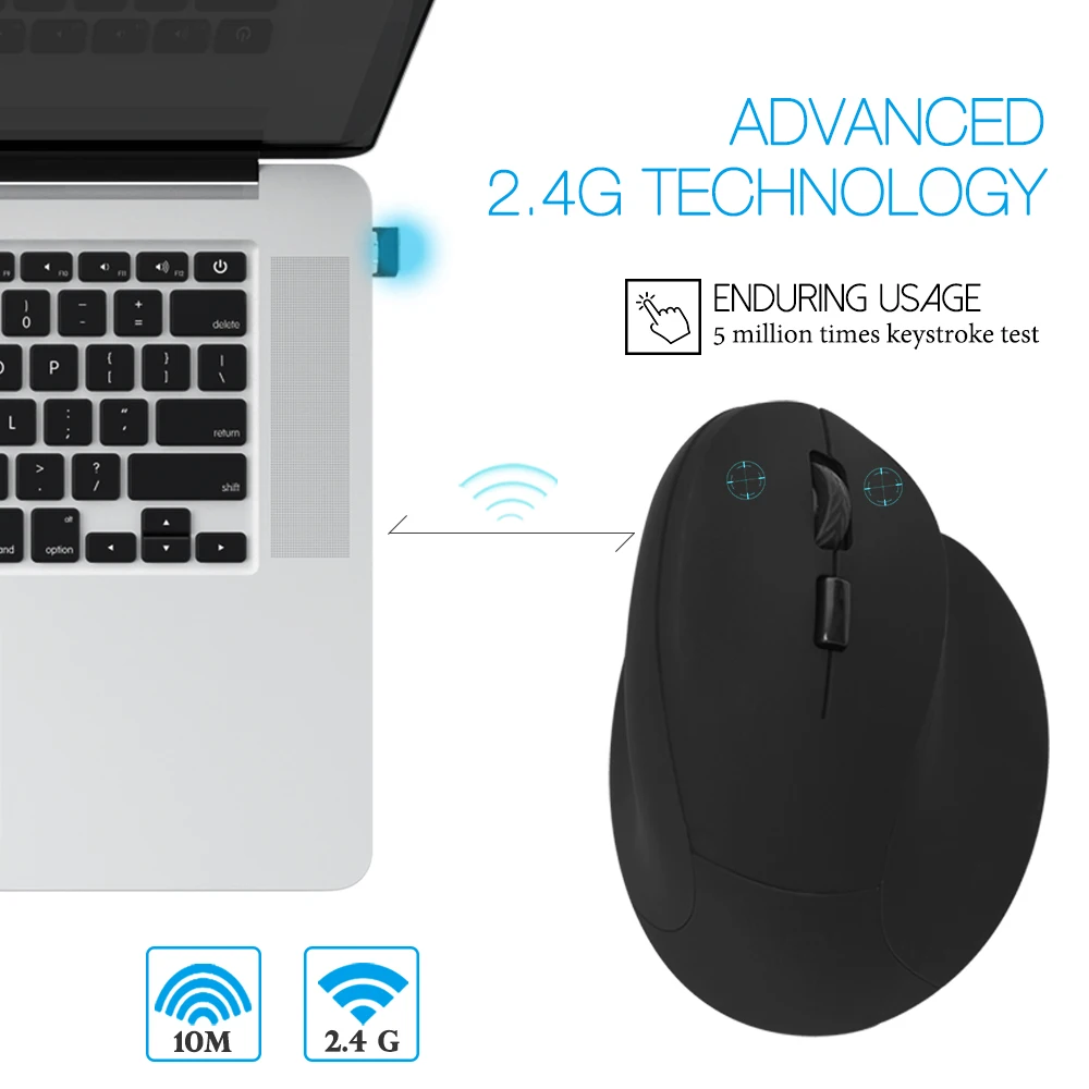 CHYI-ratón inalámbrico Vertical ergonómico, recargable, para juegos de ordenador, 1600 DPI, óptico USB, 6 botones, ratón de mano grande para PC