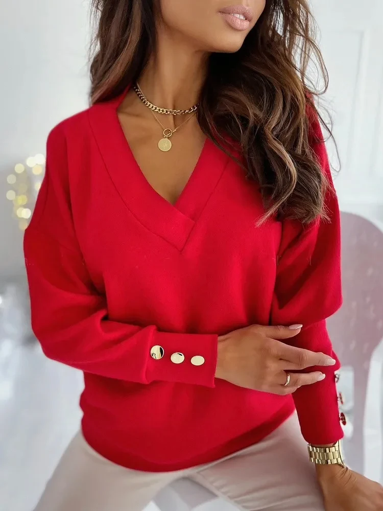 الخريف/الشتاء سترة طويلة الأكمام موضة الخامس الرقبة زر فضفاض مكتب سيدة محبوك القمم عادية بلوفر مغزول البلوزات 12827