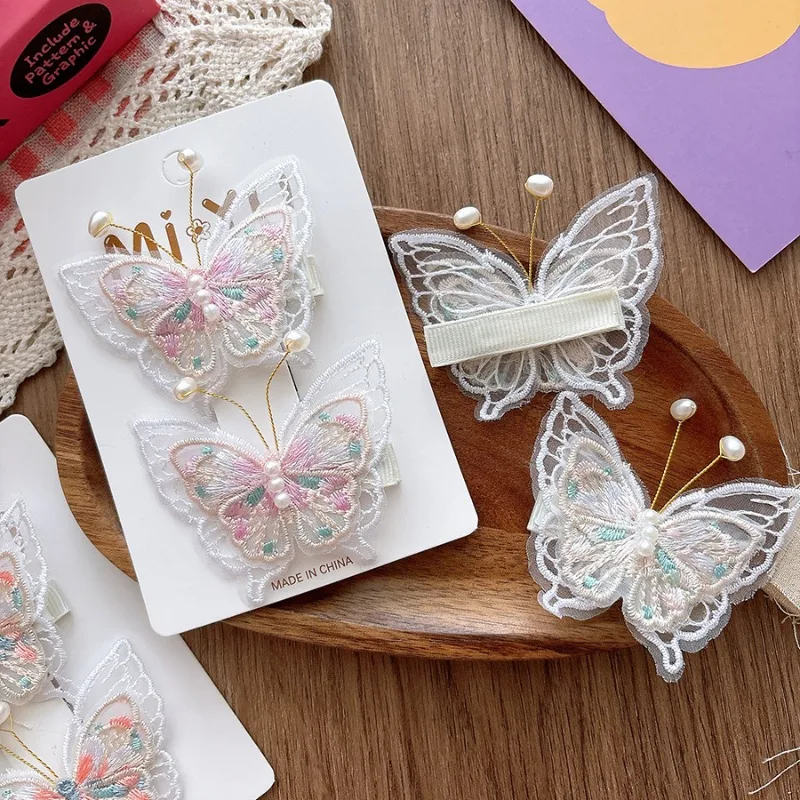 2pcs Girls Hairpins Pearl Butterfly Embroidery Children's Hairgrip Hair Clips Barrettes Headwear Hair Accessories for Kids