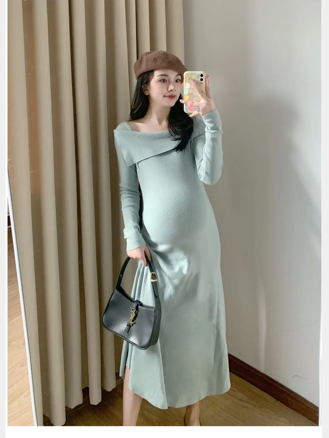 Maternity One-line Collar Fall and Winter Knitted Dress Mid-length Bottoming Dress Sweater Inside A-line Skirt Women Dress