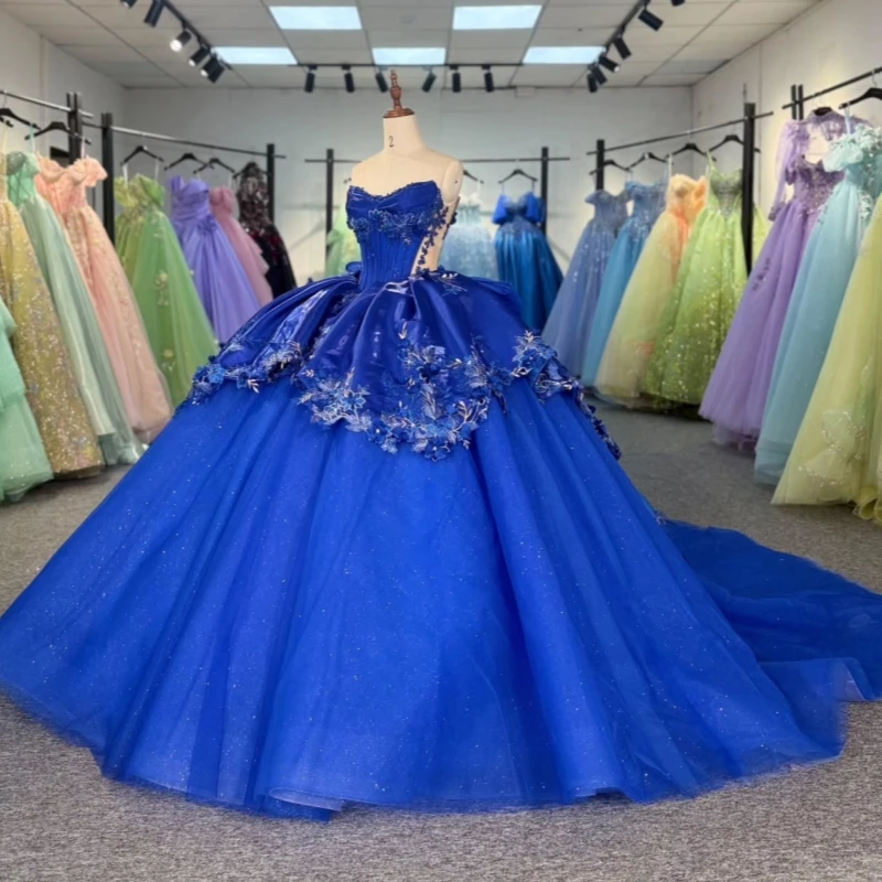 

Королевские синие блестящие платья Quinceanera с открытыми плечами, аппликация, цветок, бисер, бант, тюлевое платье для вечеринки, дня рождения, сладкое платье 16, Vestidos 15