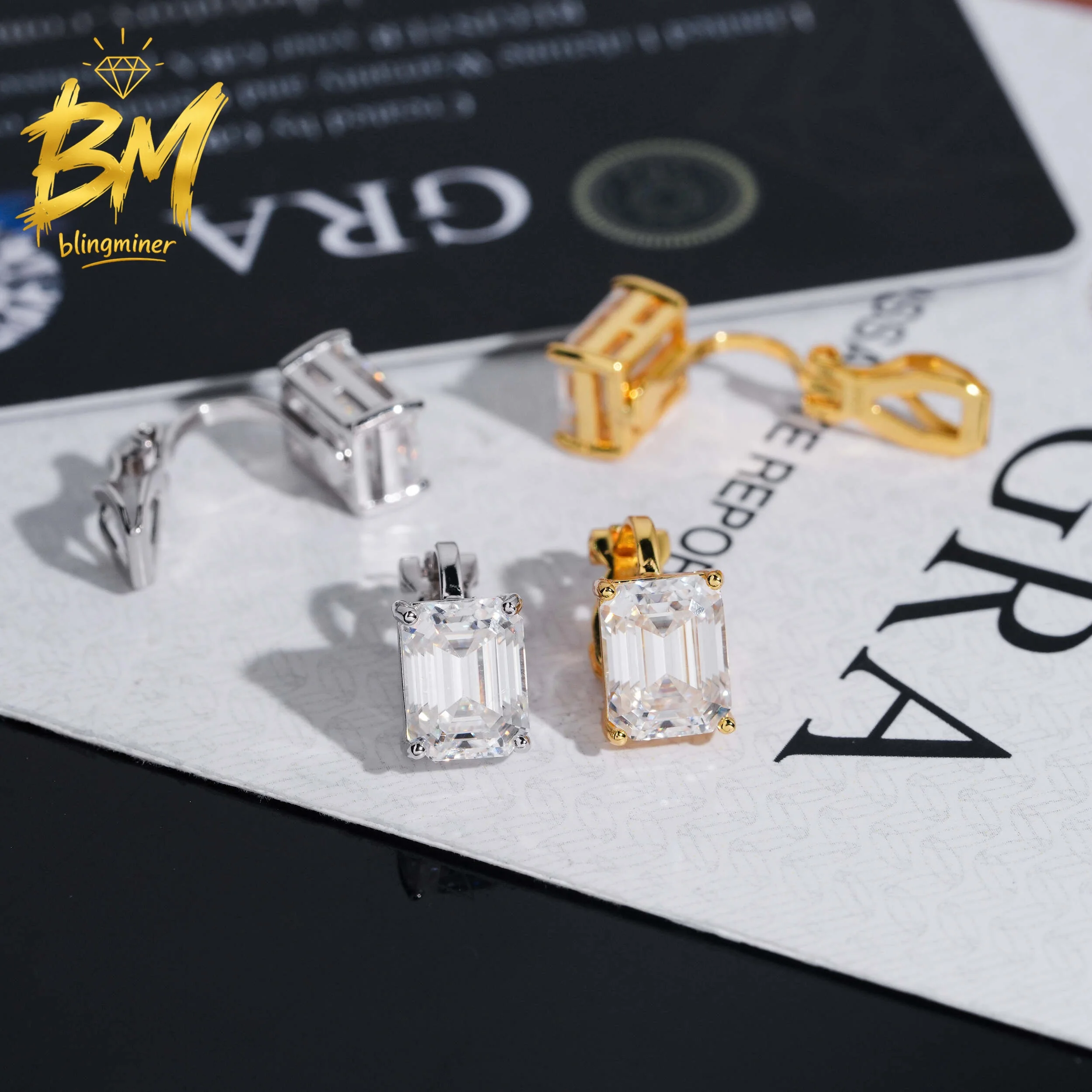 Blingminer Clip-on Emerald Cut VVS Moissanite Earrings For Men Women S925 Silver Ear Studs Jewelry Pass Diamonds Tester GRA