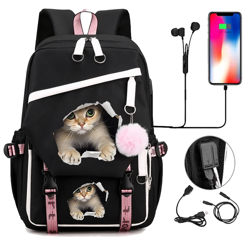 

Teenage Girls Bagpack Funny Cat Anime Backpack Back To School Travel Knapsack Bag Usb Black Bookbag Mochila School Backpack