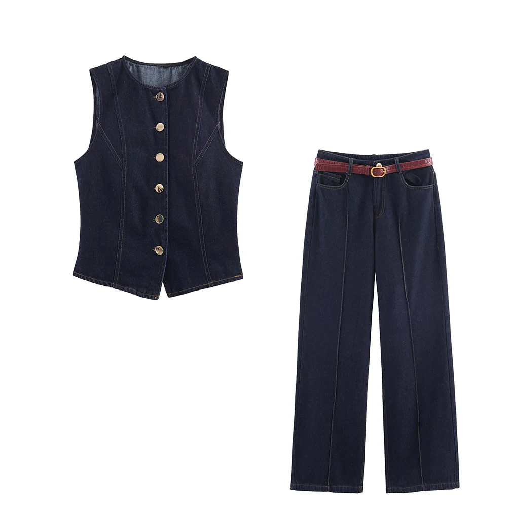 

Women's Denim 2pc Set Single Breasted Vest+High Waisted Wide Leg Jeans with Belt High Street Fashion for Euro-American Style
