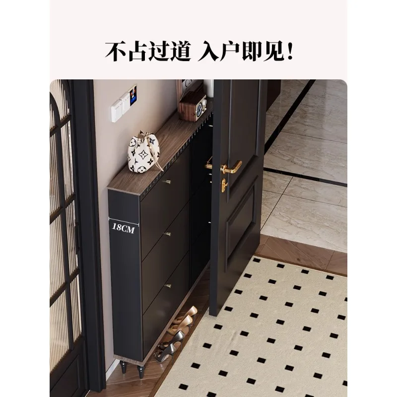 Medieval ultra-thin shoe cabinet household door tipping bucket entry cabinet small apartment black retro extremely narrow entran