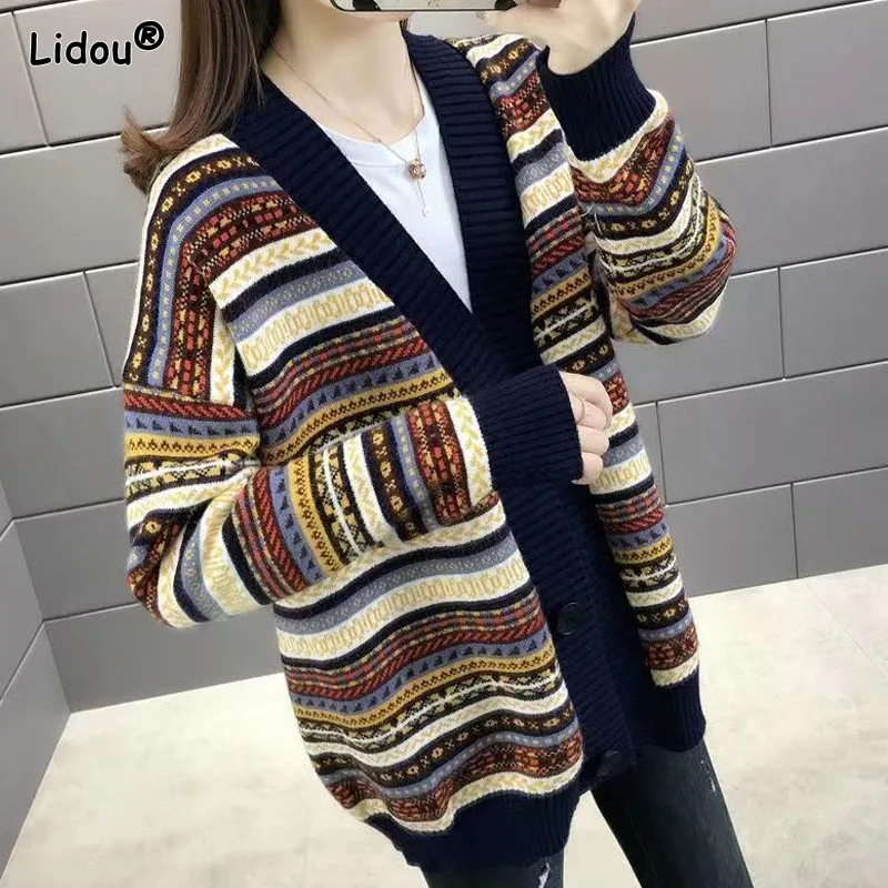 Ethnic Style Spliced Striped Ladies Sweaters Plus Size V-Neck Thick Autumn Winter Screw Thread Single Breasted All-match Loose