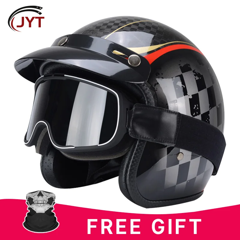 

Carbon Fiber Open Face Helmet with Goggles DOT Approved 3/4 Face Motorcycle Helmets Retro Jet Helmet for Men Women