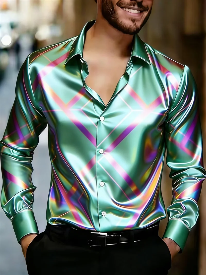 

New light blue abstract line printed men's long sleeved shirt, light luxury business casual slim fit versatile shirt