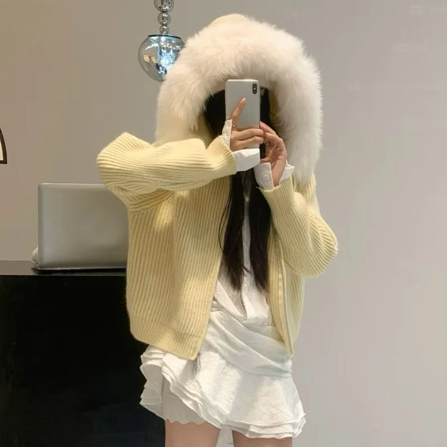 เสื้อฮู้ดดี้คอปกขนสุนัขจิ้งจอกแท้สำหรับผู้หญิง เสื้อแคชเมียร์ ฤดูใบไม้ร่วง ฤดูหนาว สไตล์ใหม่ เสื้อแจ็คเก็ตขนแคชเมียร์