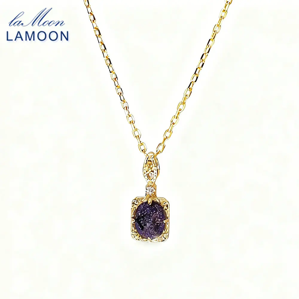 LAMOON Vintage Natural Blue Sandstone Gemstone Pendant Necklace For Women Elegant 925 Sterling Silver Gold Plated Fine Jewelry