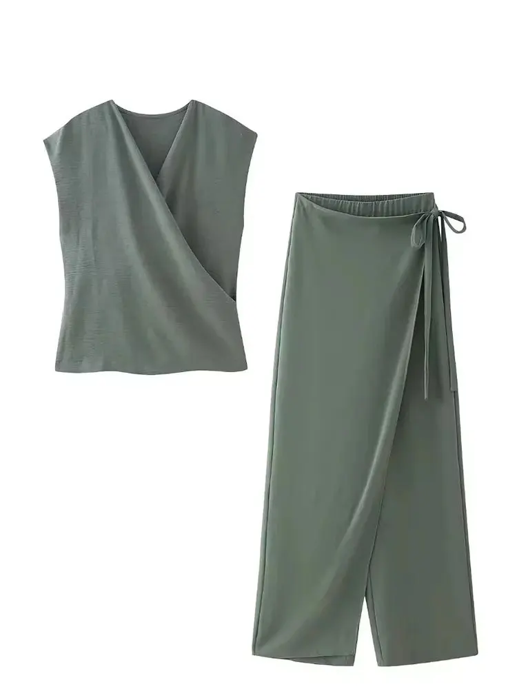 

HH женские летние комплекты брюк, модные блузки с v-образным вырезом и короткими рукавами, тонкие рубашки, топы, женские элегантные асимметричные брюки на шнуровке