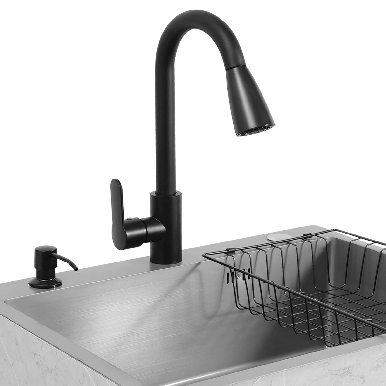 Freestanding Kitchen Sink Cabinet with Pull Out Faucet, Grey Stainless Steel Laundry Utility Sink with Drain Board