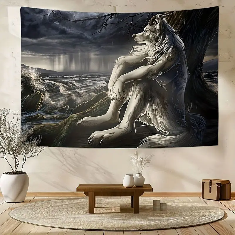 VIKAMA Dark Wind and Rain Mountain and Sea Wolf Illustration Tapestry Background Cool Male Esports Room Decoration