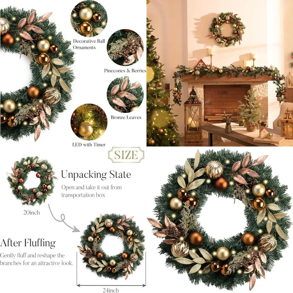 

24-дюймовый предварительно освещенный рождественский венок с подсветкой, уличный декоративный венок с медными золотыми шариками для дверей, крыльца, камина и H