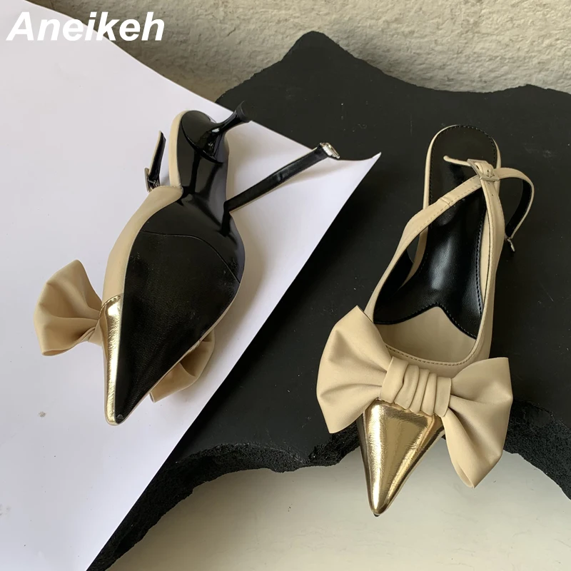 Aneikeh 2024 neue Frühling spitze Zehen flache Pumps Damenschuhe Sling back dünne High Heel Schmetterling-Knoten Party solide Schnalle Riemen