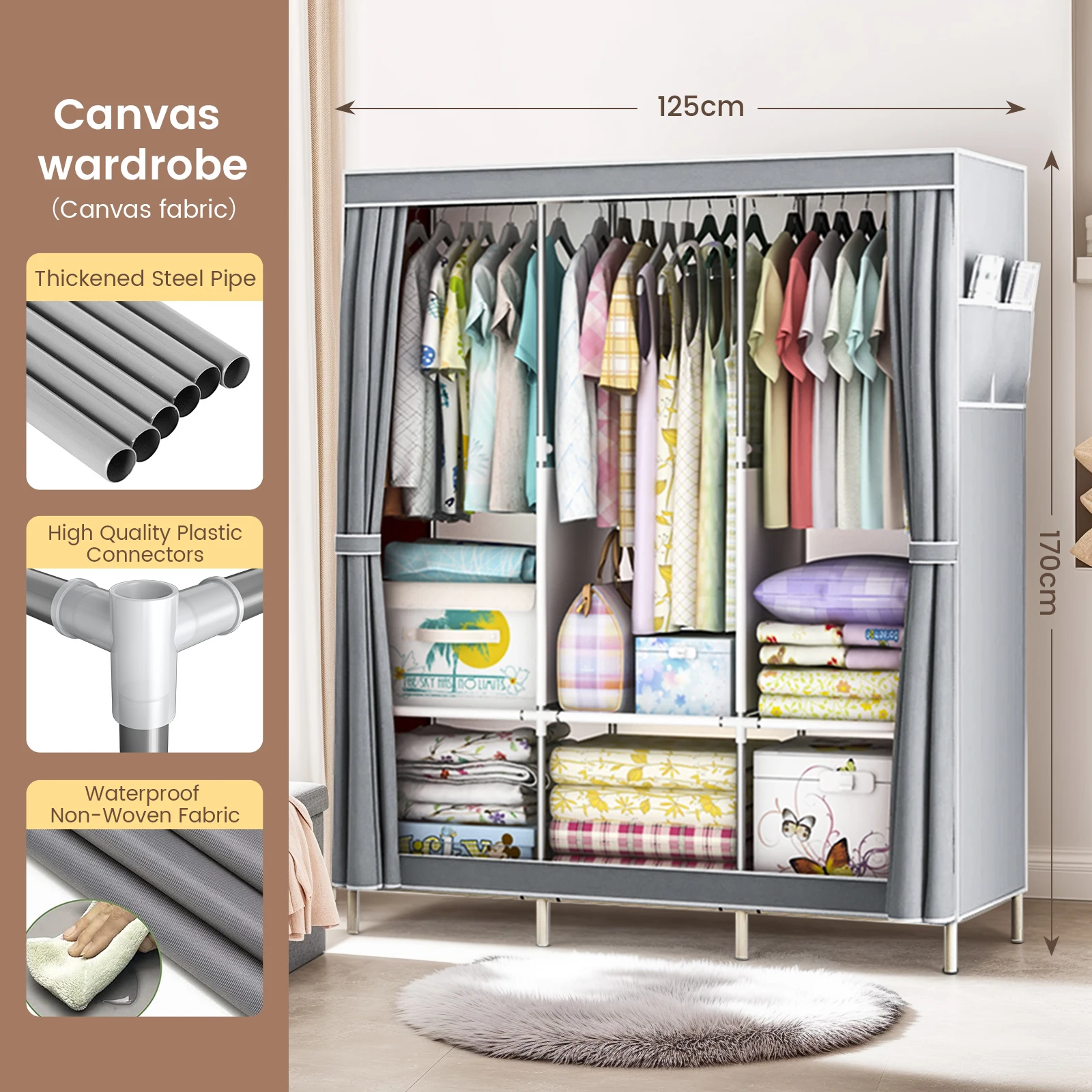 Pop up Canvas Wardrobe Fabric Wardrobes with 3 large hanging areas, 6 stacking compartments and storage underneath,125*45*170