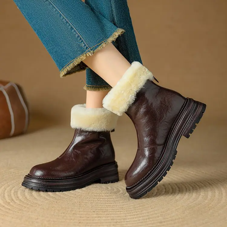 Black Cow Leather Women Winter Chelsea Boots Platform Thick Sole Short Snow Botas Back Zipper Warm Lamb Inside Knight Botines