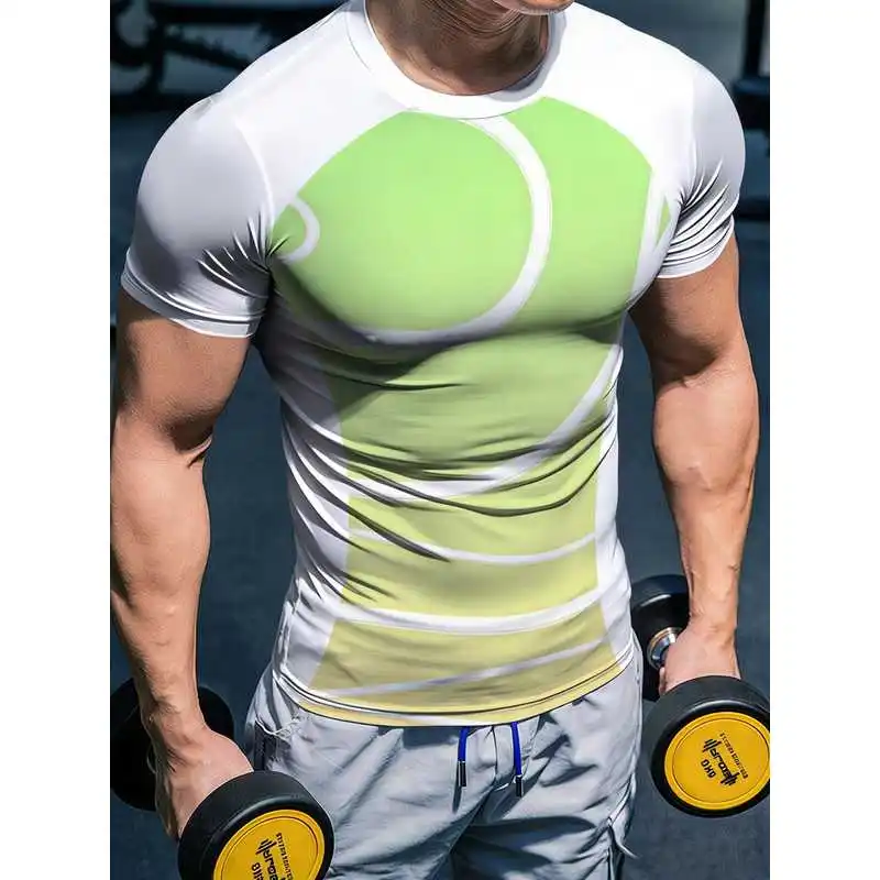 Athletic Men's Functional Workout T shirt Green Yellow Gradient Print Quick Drying Breathable High Elasticity Gym Top For Weight