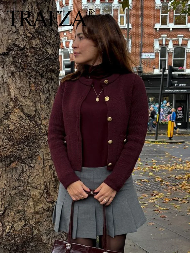 TRAFZA Autumn Women Elegant Burgundy O-neck Knitted Cardigan Fashion Metal Buttons Long Sleeve Sweater Female Casual Outerwear