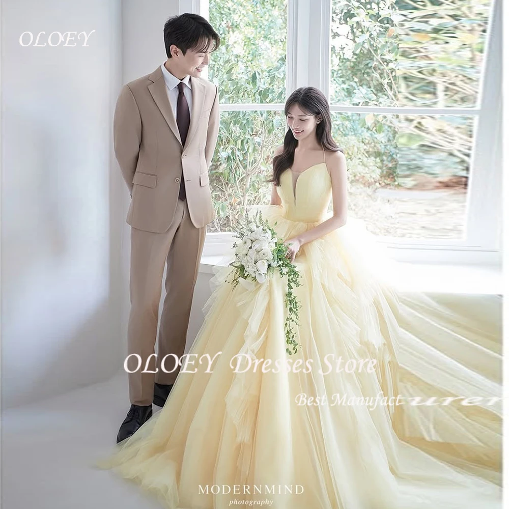 

OLOEY Princess Yellow A Line Wedding Dress Korea Photo Shoot V Neck Sleeveless Bridal Gown Soft Tulle Bridal Dresses customized