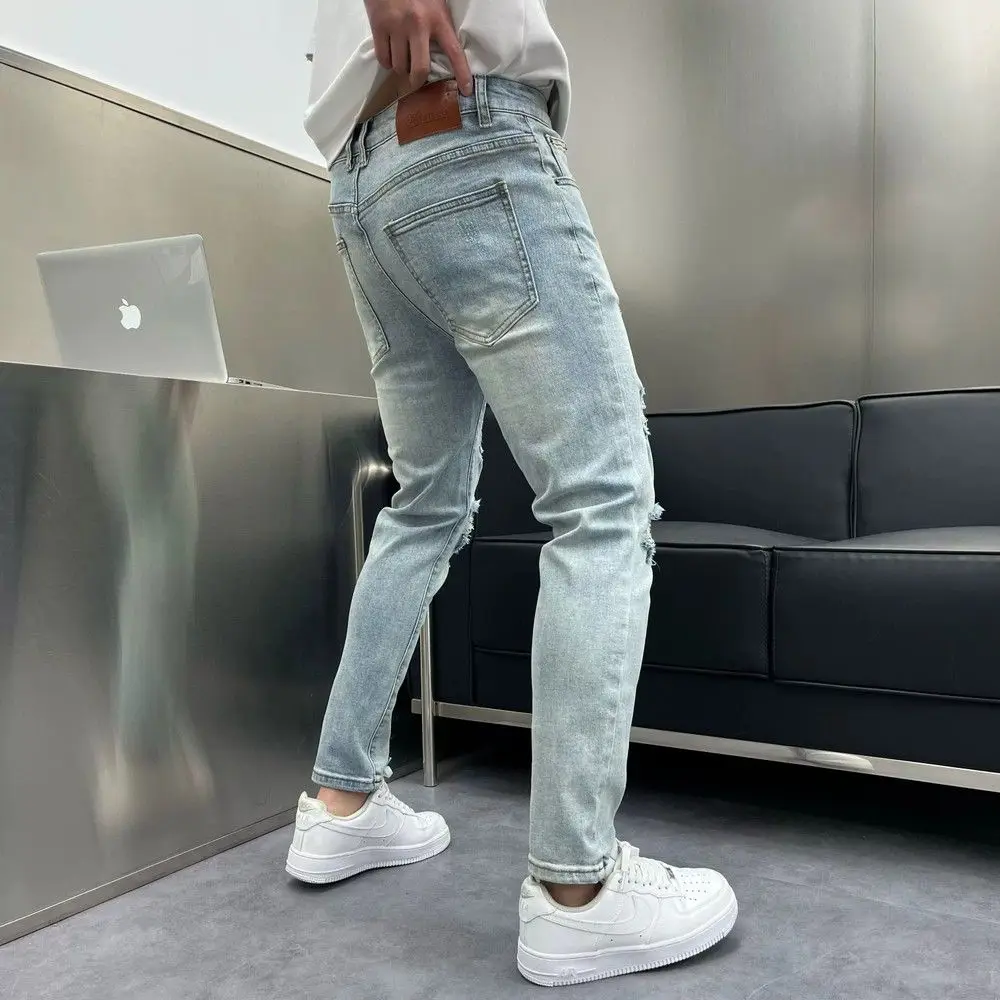 Fashion Men's Slim Fit Casual Denim Pencil Pants with Ripped Design Spring Autumn Distressed Stretch Streetwear Jeans for Men