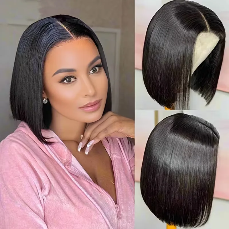 European and American women's black straight bob wig with a middle partBobFull lace front bob wig