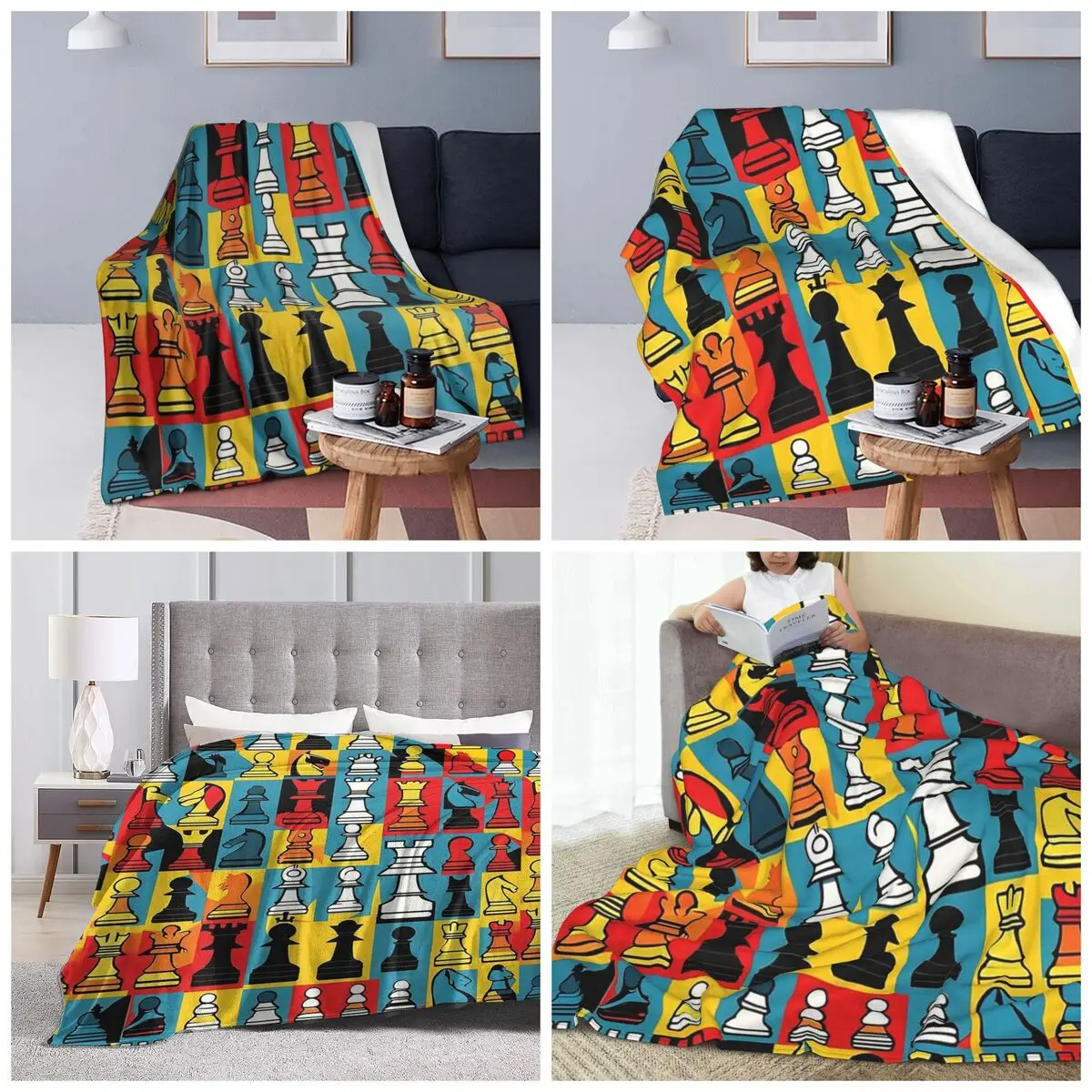 Cartoon Chess Pattern Blanket Soft Warm Flannel Throw Blanket Plush for Bed Travel Home Sofa