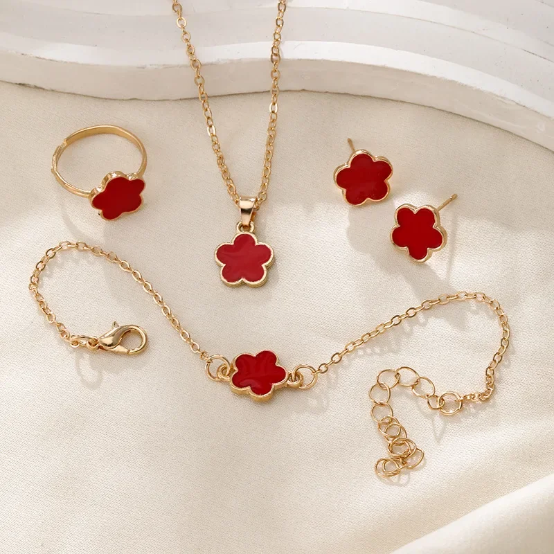 Lucky Five-petal Flower Clover Earrings Necklace Ring Bracelet Four-piece set for Woman Fashionable Accessories Party Jewelry image 3