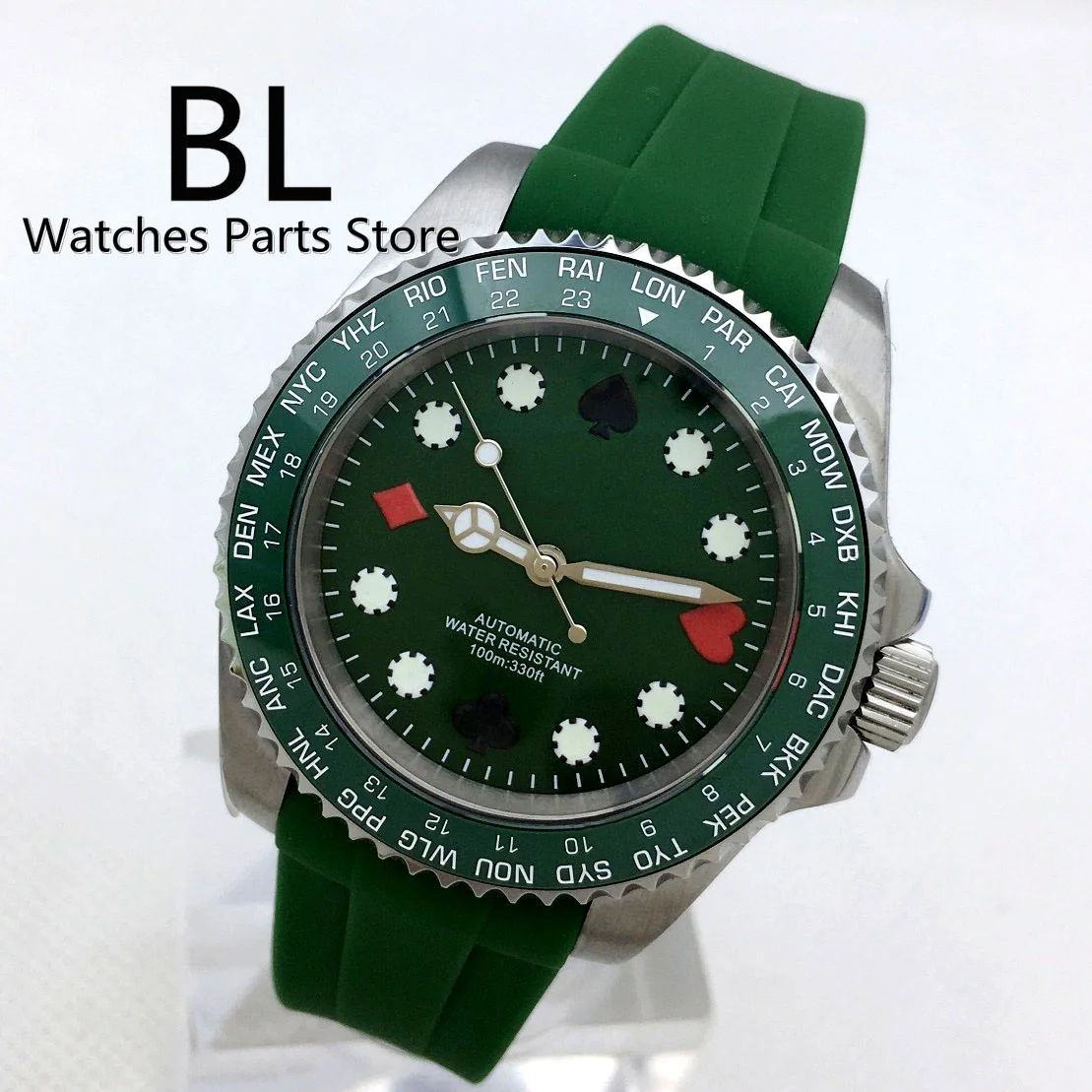 BLIGER New 40mm Watch For Men NH35 Automatic Spphire Glass World City Name Bezel Poker Pattern Dial Green Luminous Rubber Strap