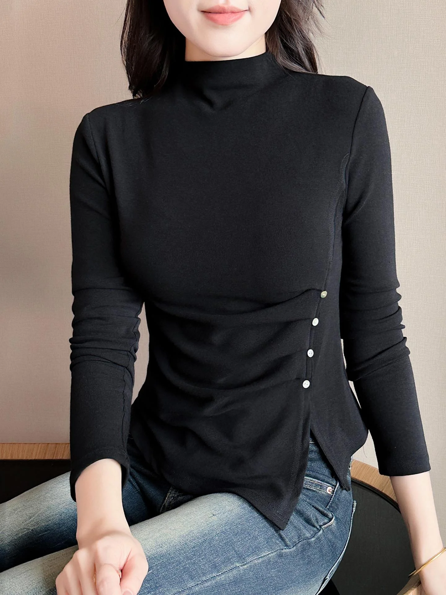 여성용 티엔드 롱 슬리브 하이 칼라 패션 비대칭 슬릿 이너웨어 한국 스타일 출퇴근복