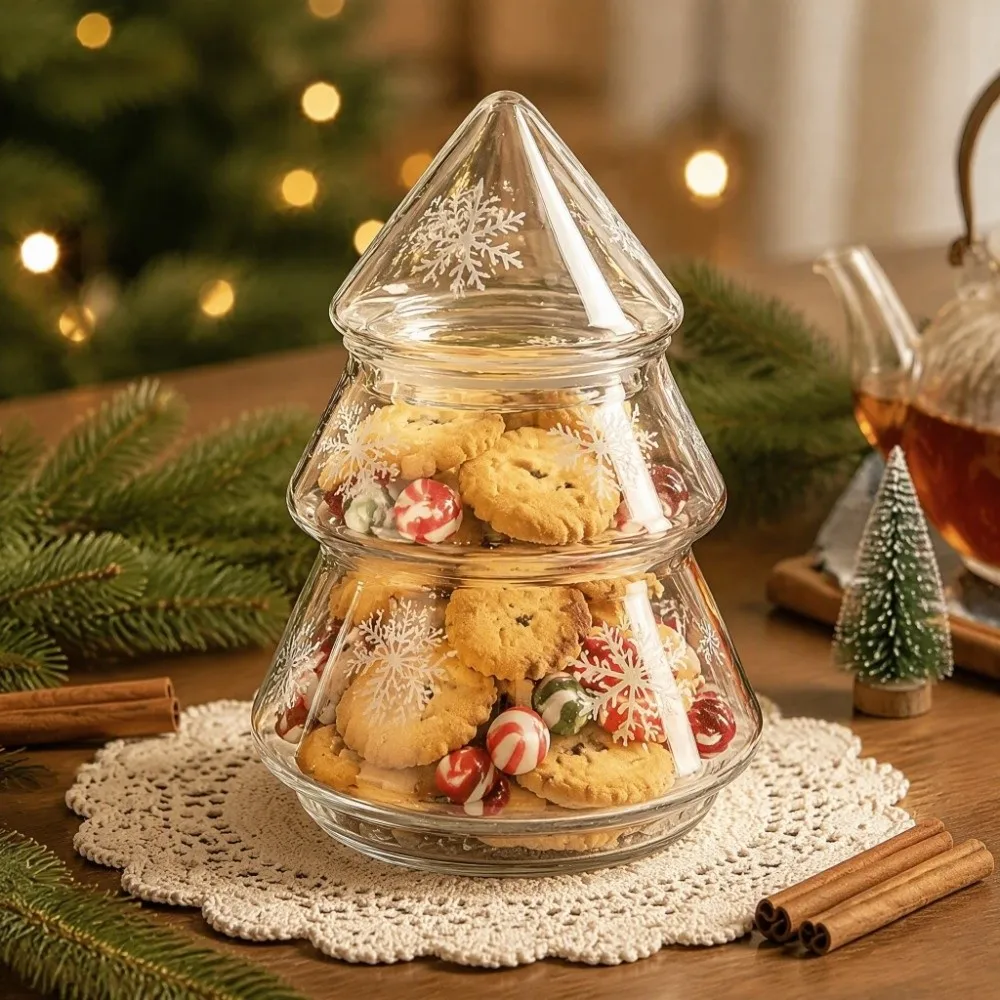 Snowflake Pattern Glass Christmas Tree Jar Large Capacity Transparent Xmas Candy Jar Stylish With Lid Cookie Jar Farmhouse
