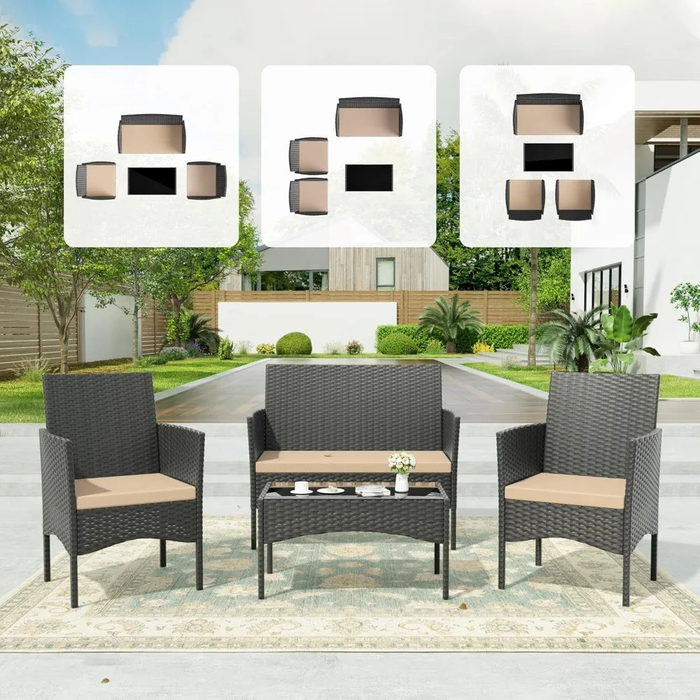 4 Pieces Patio Furniture Set, PE Wicker Rattan Chairs Garden Conversation Sets with Tempered Glass Table and Soft Cushions