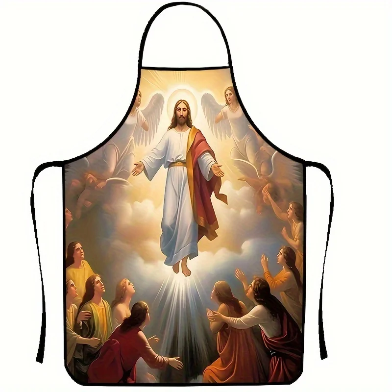 Jesus Print Polyester Apron - Vibrant Sleeveless Kitchen Bib with Ascension Design, Durable & Easy-Clean for Cooking, Grilling