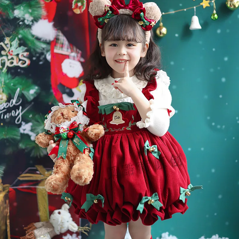 Girls Sweet Bow Princess 2pccs Sets spring Autumn Children Baby Kids Long Sleeved Party Sweater+ Christmas Dress Suit Lolita