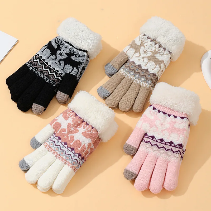 Christmas Winter Gloves Women Christmas Deer Pattern Thick Glove Touchscreen Warm Reindeer Jacquard Daily Commute Student Office