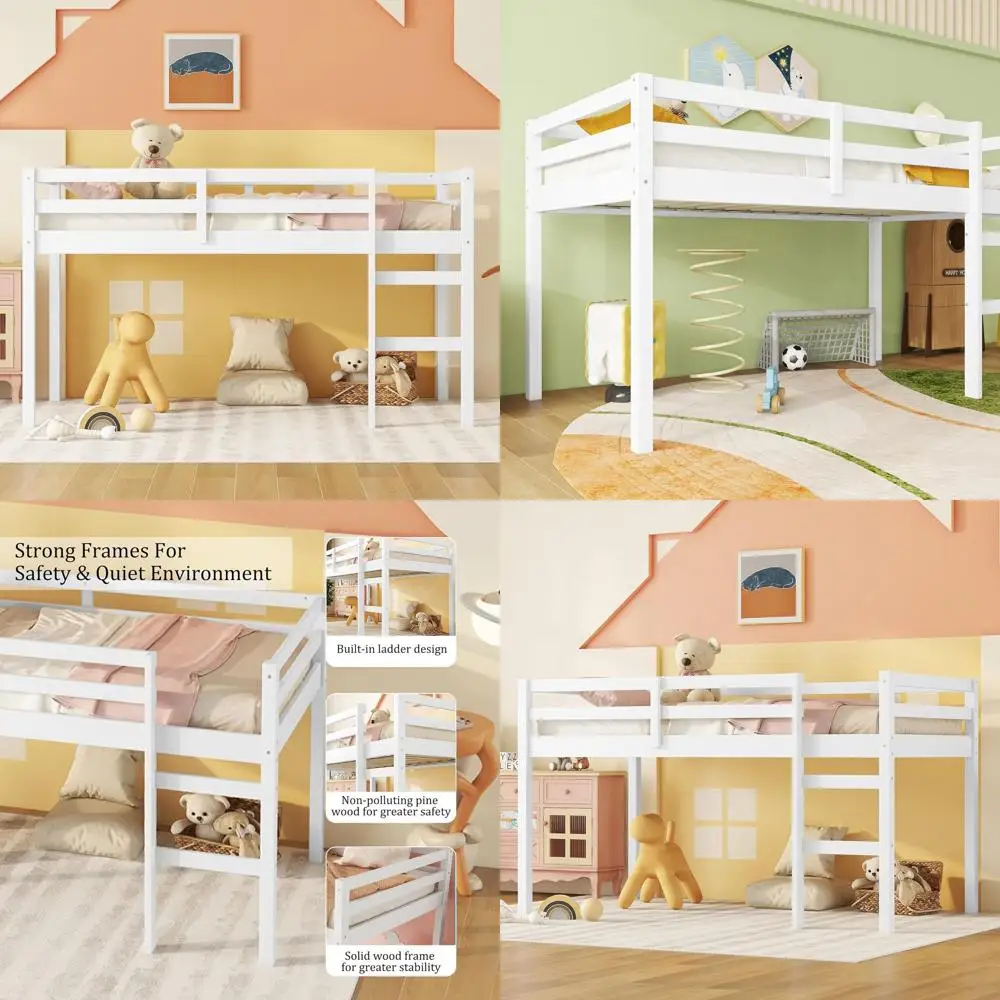 

Twin Size Solid Wood Bed with Ladder, Safety Rail, Noise-Free, Non-Toxic Finish, Space-Efficient, No Box Spring Needed (White)