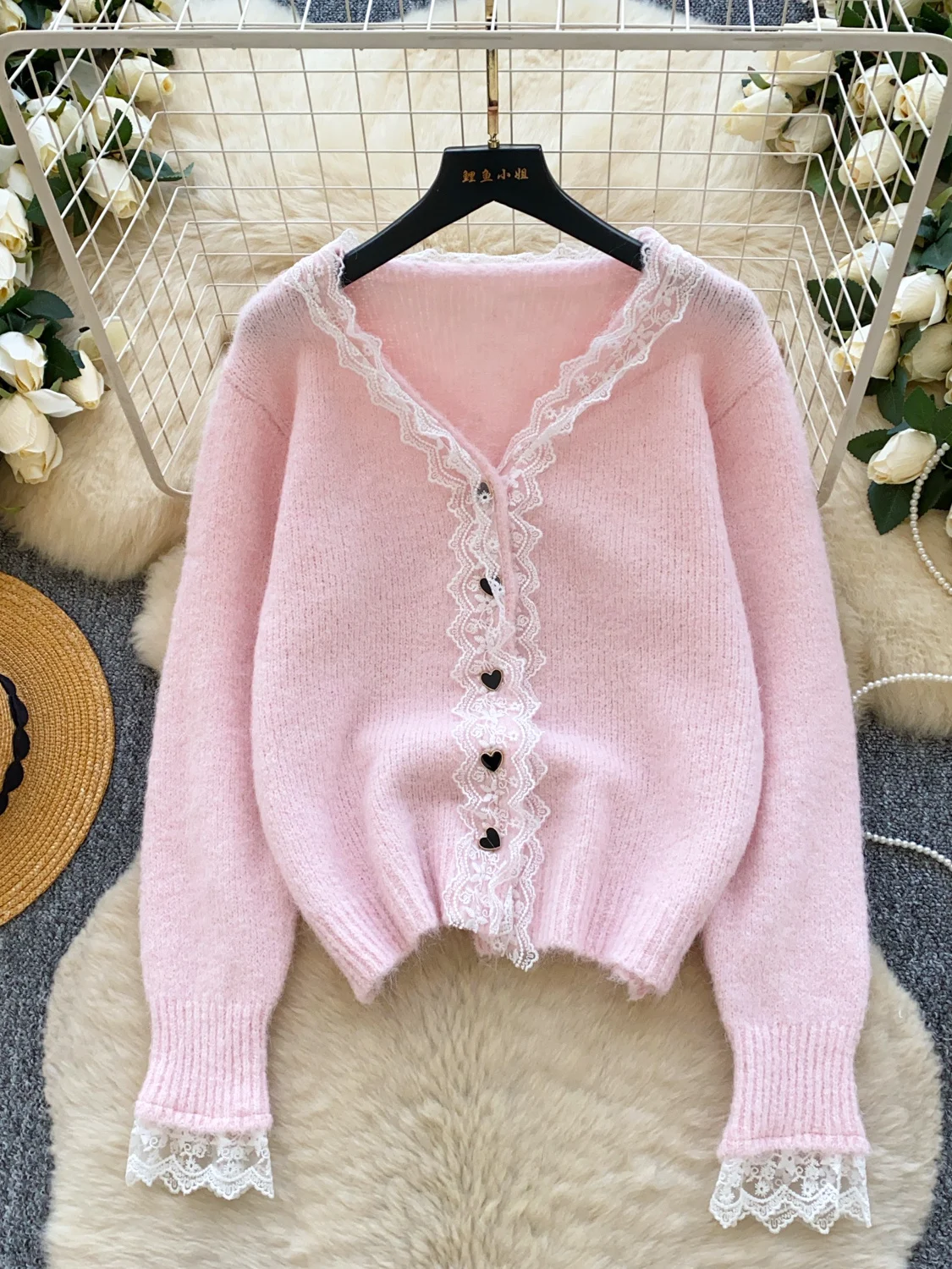 

Foamlina Women's Sweet Style V-Neck Cardigan Long Sleeve Lace Trim Buttons Knit Sweater 2025 Autumn Winter Elegant Soft Warm Top